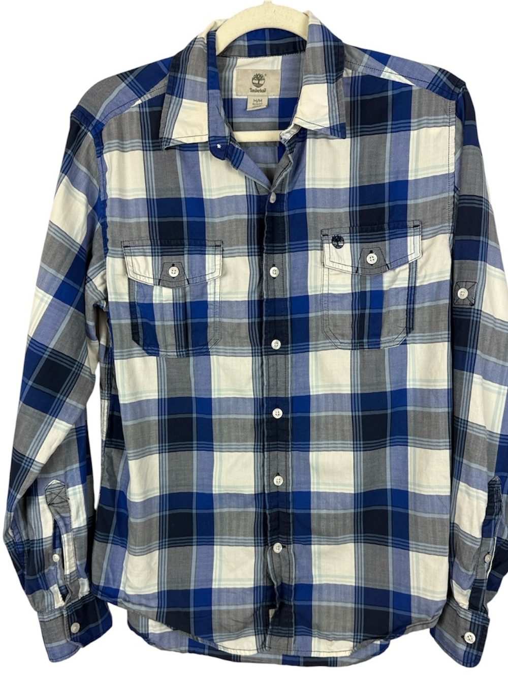 Timberland Slim Fit Plaid Button Down Shirt Blue Gray White Medium Cotton